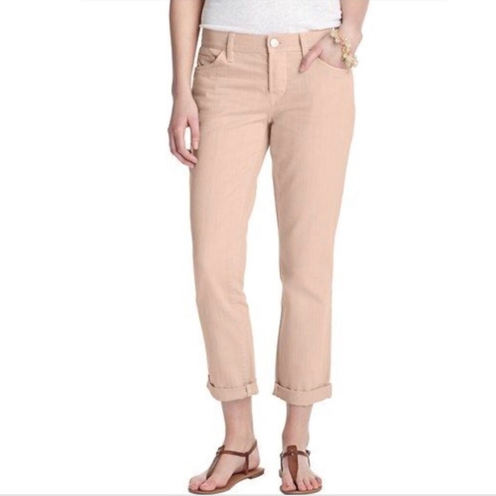 Pink button fly boyfriend jeans